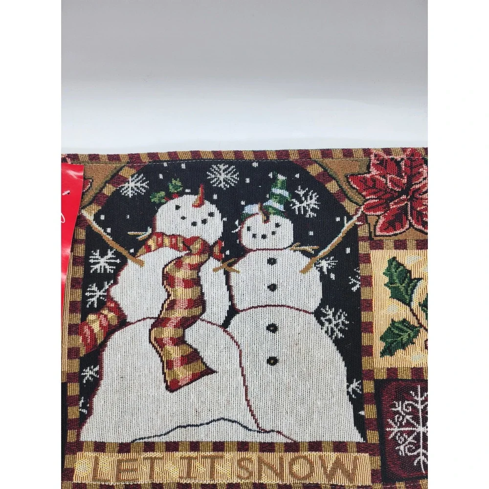Holiday Style Tapestry Runner Let It Snow Snowman Christmas Decor 13x70 Red Gold